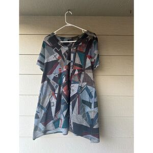 Inoah Art to Wear Geometric Abstract V-Neck Graphic Top Knit Made in USA XL